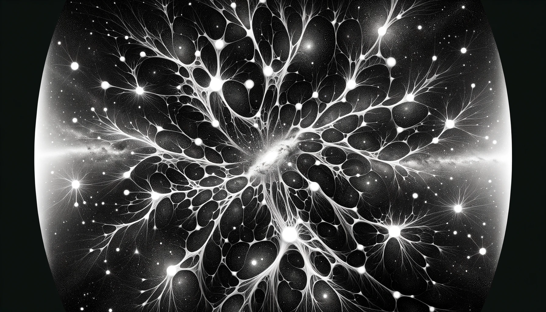 DALL·E 2024-02-08 21.42.01 - Create a black and white, wide image that mimics the appearance of the universe, where galaxies form an intricate network, but interpreted as a myceli.webp